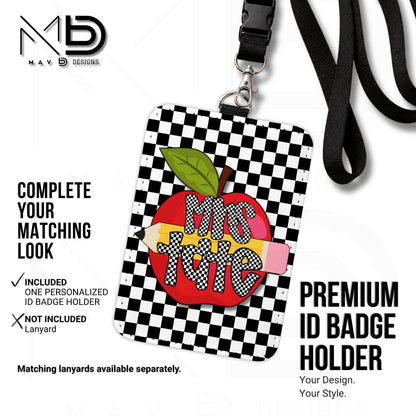 Personalized ID Badge Holder | Black Checkered Red Apple Pencil | Checkered Name