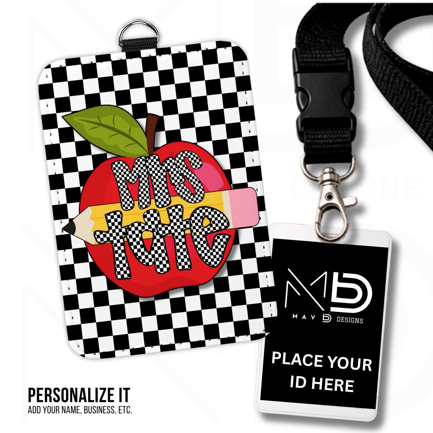 Personalized ID Badge Holder | Black Checkered Red Apple Pencil | Checkered Name