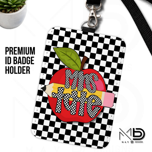 Personalized ID Badge Holder | Black Checkered Red Apple Pencil | Checkered Name