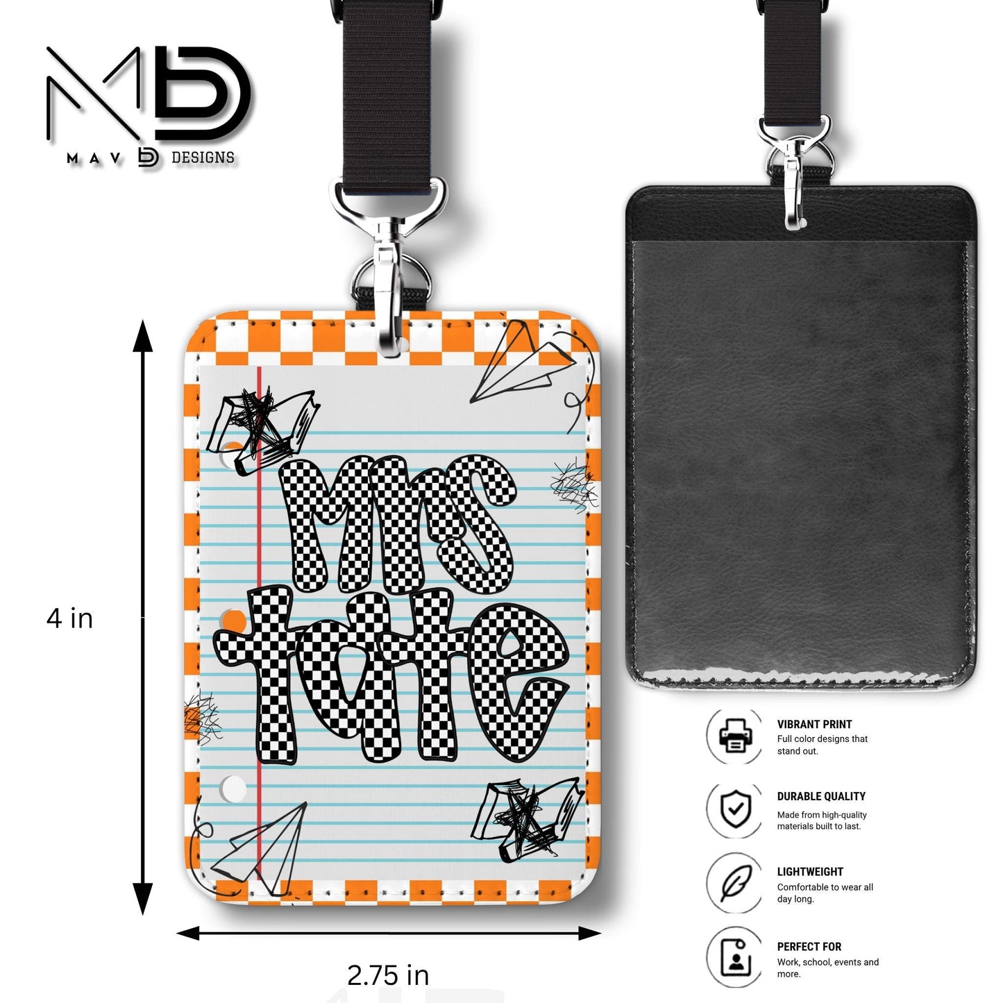 Personalized ID Badge Holder | Orange Checkered Doodle • Paper | Checkered Name