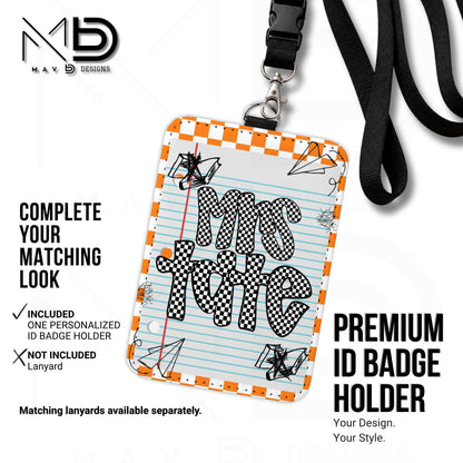 Personalized ID Badge Holder | Orange Checkered Doodle • Paper | Checkered Name