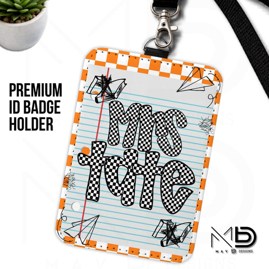 Personalized ID Badge Holder | Orange Checkered Doodle • Paper | Checkered Name