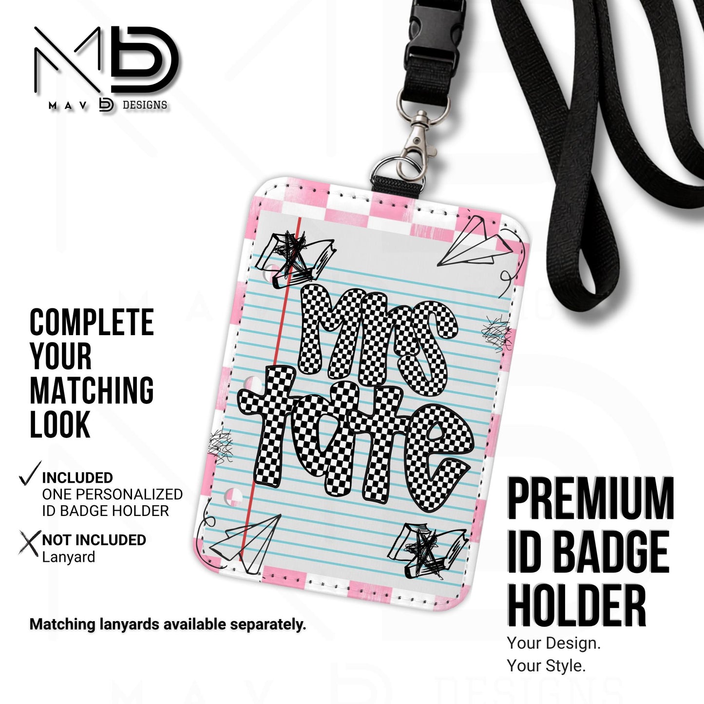 Personalized ID Badge Holder | Light Pink Checkered Doodle • Paper | Checkered Name