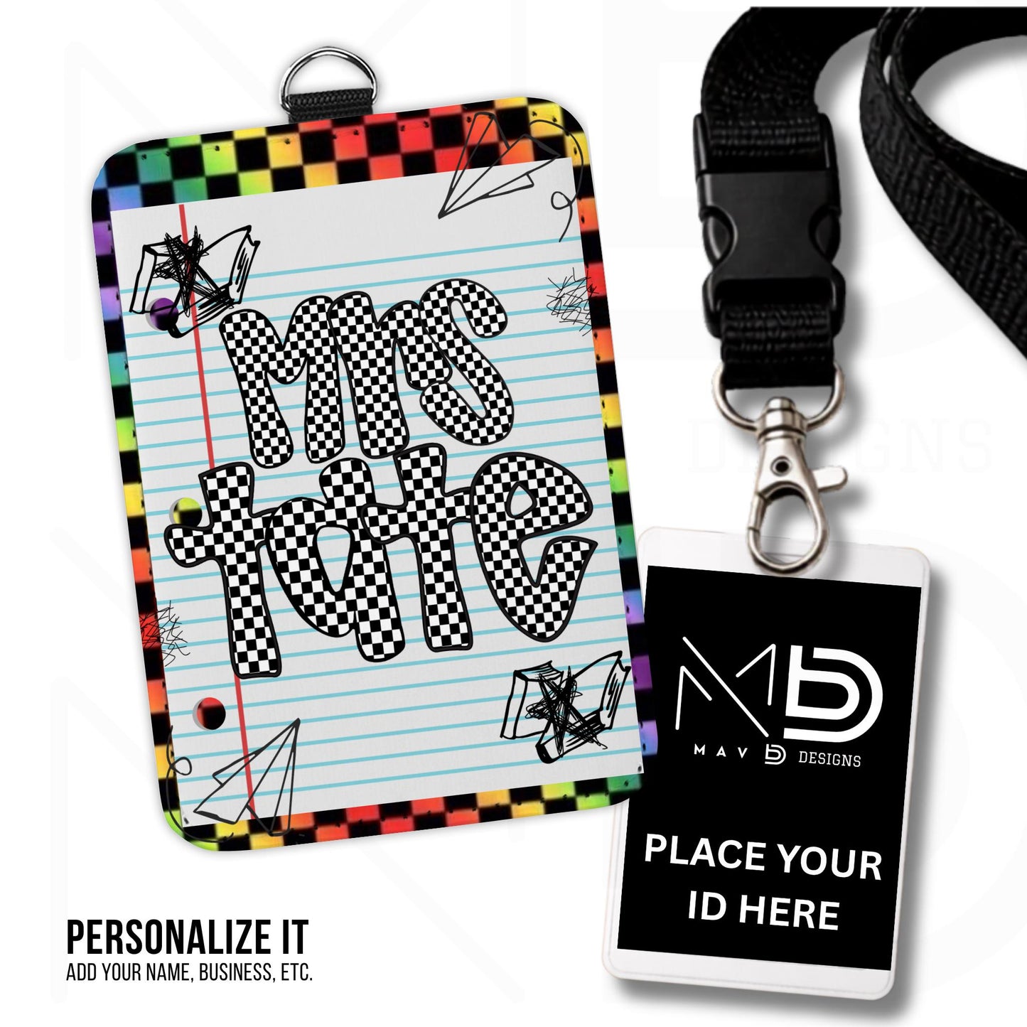 Personalized ID Badge Holder | Rainbow Checkered Doodle • Paper | Checkered Name