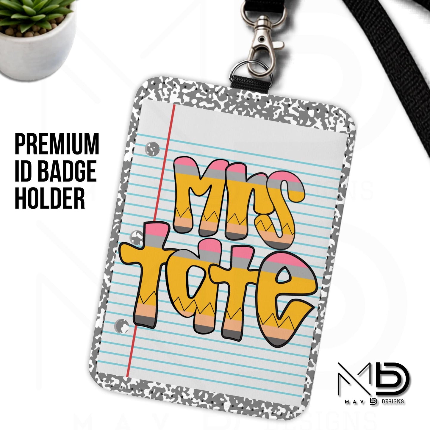 Personalized ID Badge Holder | Grey Composition • Paper • Retro Pencil Name