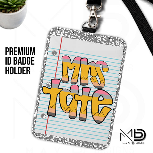 Personalized ID Badge Holder | Grey Composition • Paper • Retro Pencil Name
