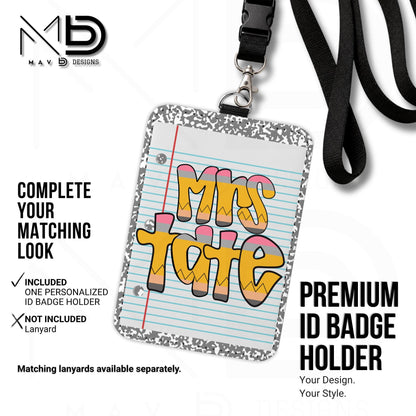 Personalized ID Badge Holder | Grey Composition • Paper • Retro Pencil Name