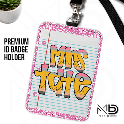 Personalized ID Badge Holder | Pink Composition • Paper • Retro Pencil Name