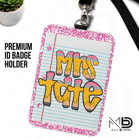 Personalized ID Badge Holder | Pink Composition • Paper • Retro Pencil Name