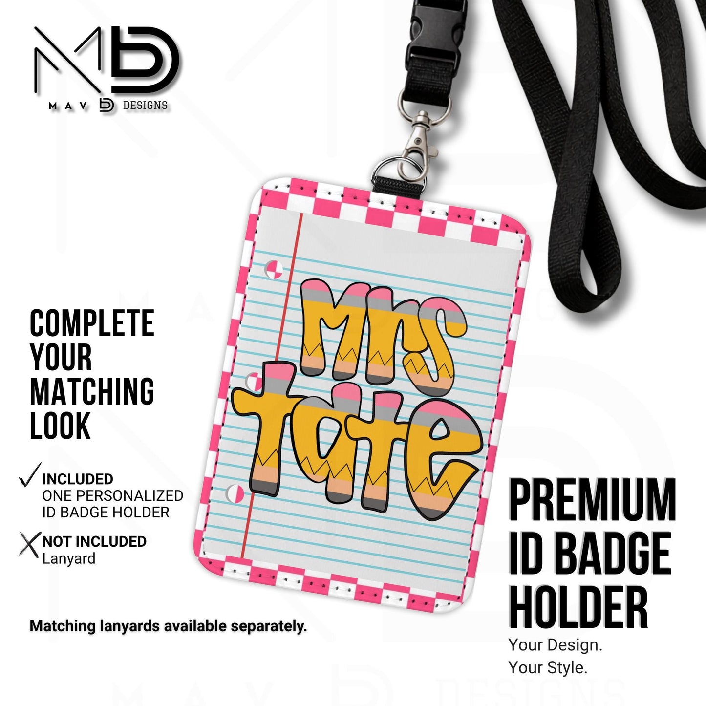 Personalized ID Badge Holder | Hot Pink Checkered • Paper | Retro Pencil Name
