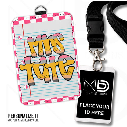 Personalized ID Badge Holder | Hot Pink Checkered • Paper | Retro Pencil Name