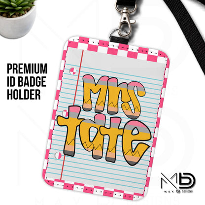 Personalized ID Badge Holder | Hot Pink Checkered • Paper | Retro Pencil Name