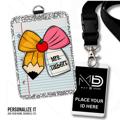 Personalized ID Badge Holder | Cutie Bow • Grey Composition • Paper | Custom Name
