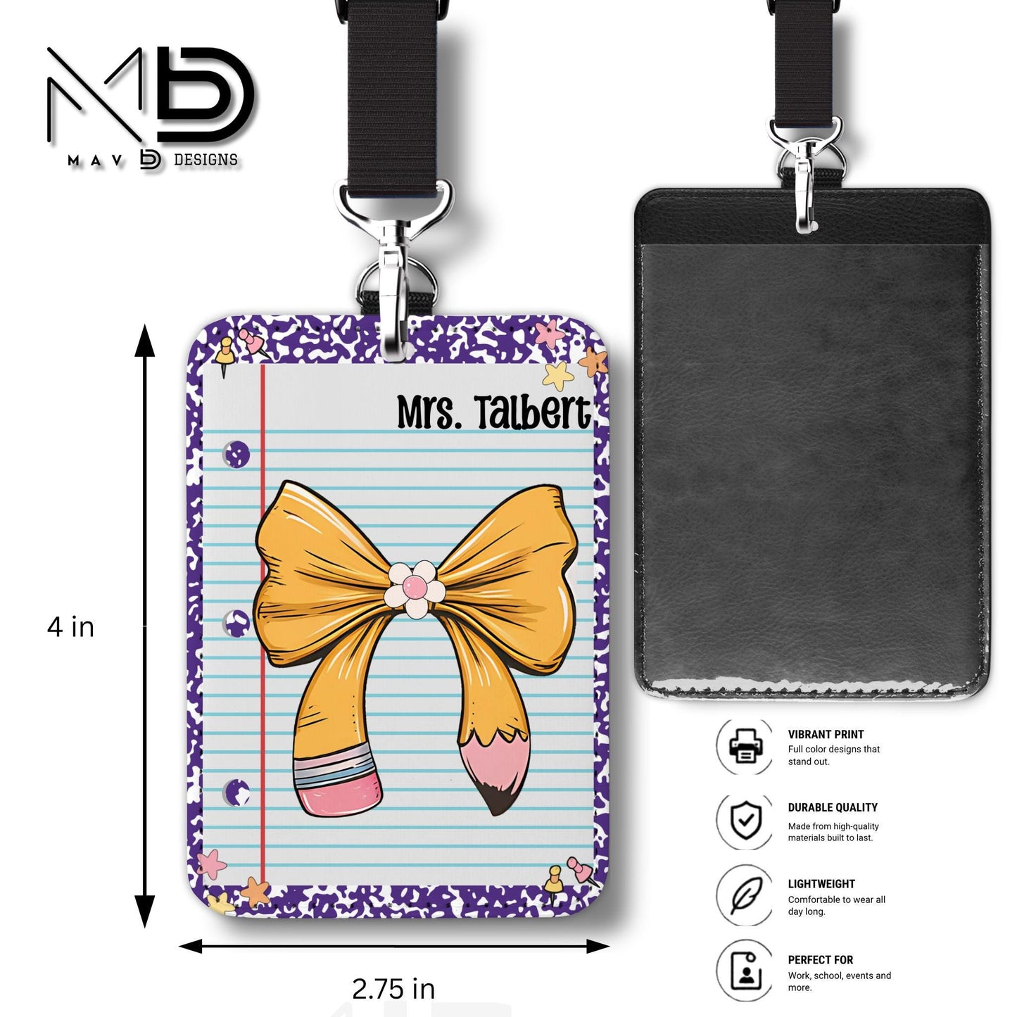 Personalized ID Badge Holder | Purple Composition • Paper • Pencil Bow | Custom Name