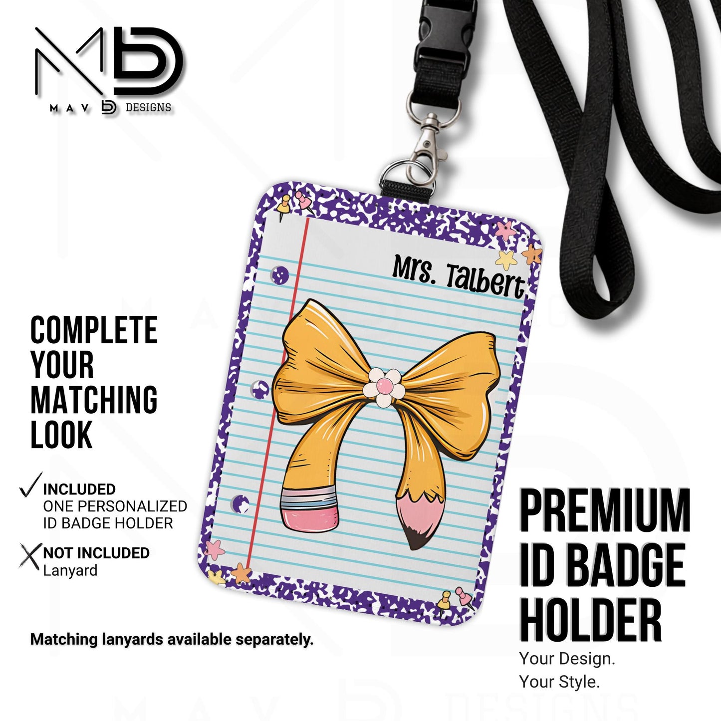 Personalized ID Badge Holder | Purple Composition • Paper • Pencil Bow | Custom Name