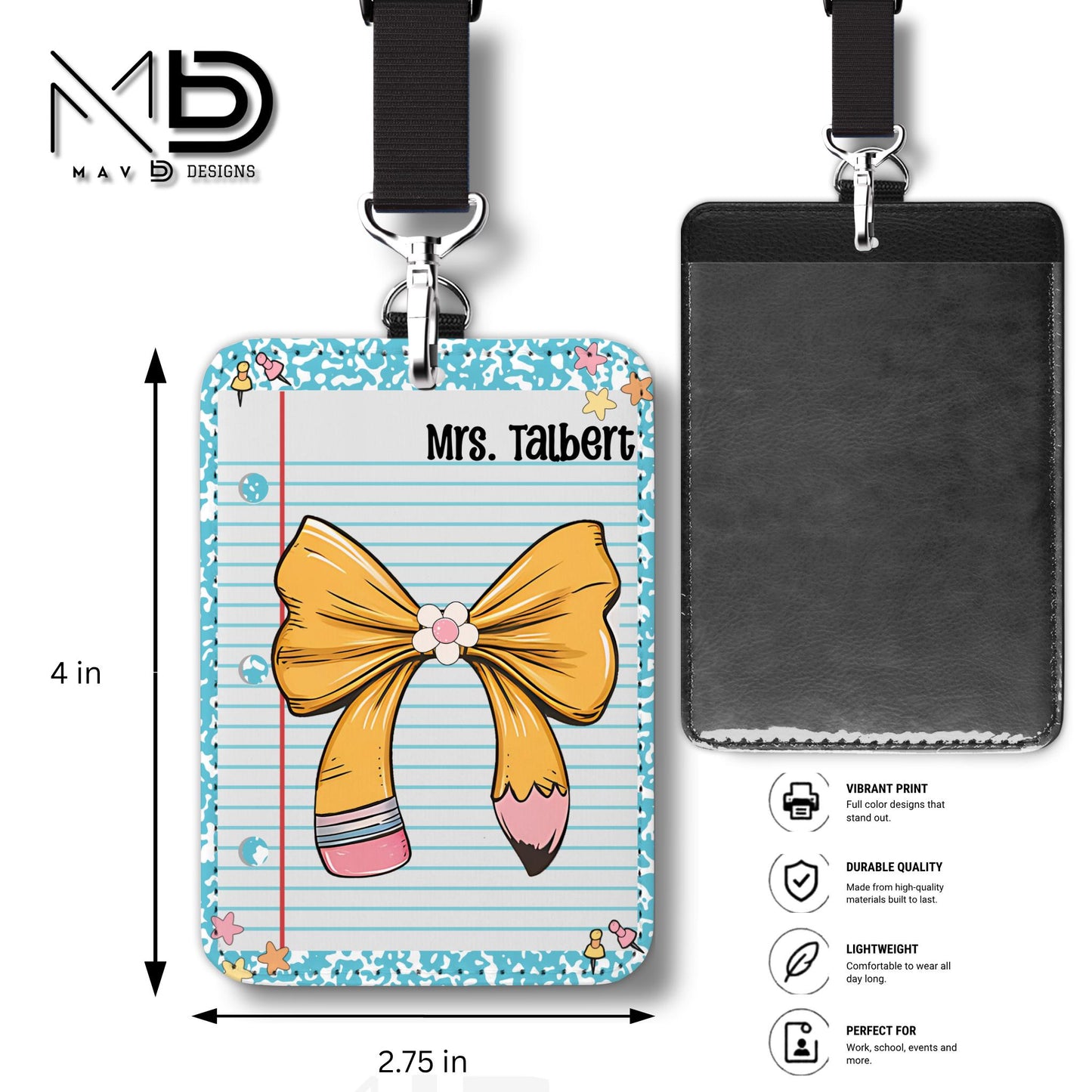 Personalized ID Badge Holder | Light Blue Composition • Paper • Pencil Bow | Custom Name