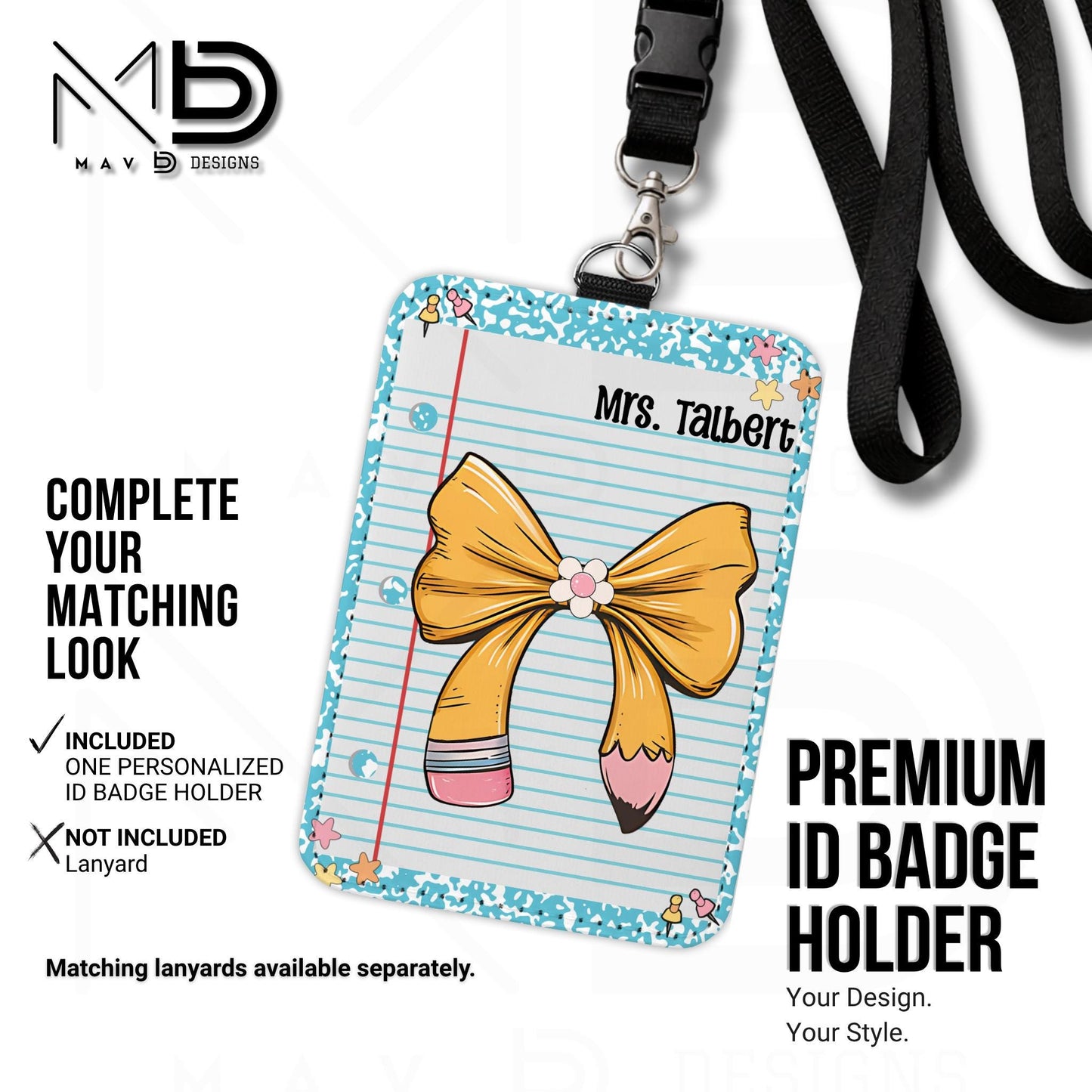 Personalized ID Badge Holder | Light Blue Composition • Paper • Pencil Bow | Custom Name