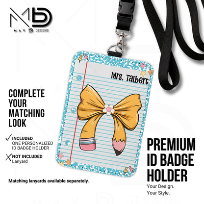 Personalized ID Badge Holder | Light Blue Composition • Paper • Pencil Bow | Custom Name