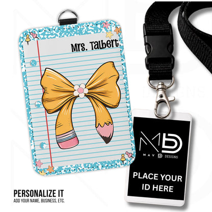 Personalized ID Badge Holder | Light Blue Composition • Paper • Pencil Bow | Custom Name