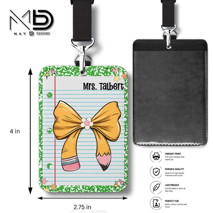 Personalized ID Badge Holder | Green Composition • Paper • Pencil Bow | Custom Name