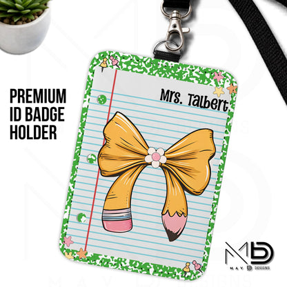 Personalized ID Badge Holder | Green Composition • Paper • Pencil Bow | Custom Name