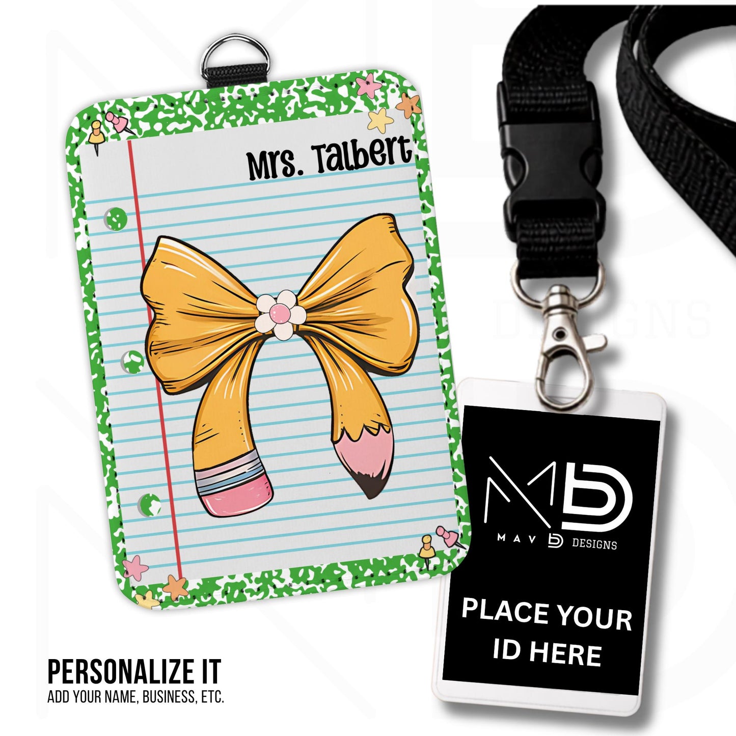 Personalized ID Badge Holder | Green Composition • Paper • Pencil Bow | Custom Name