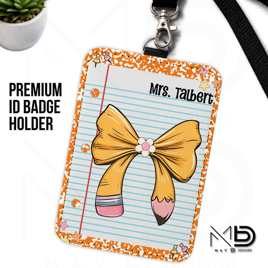 Personalized ID Badge Holder | Orange Composition • Paper • Pencil Bow | Custom Name