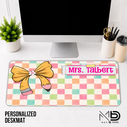 Personalized Deskmat | Distressed Pastel Checkered | Pencil Bow Pink Post It Washi Tape | Custom Name