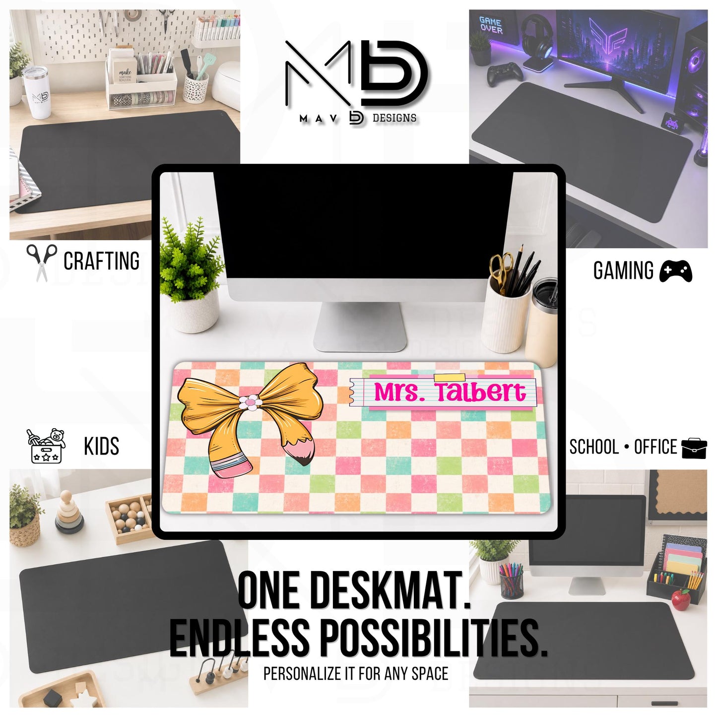 Personalized Deskmat | Distressed Pastel Checkered | Pencil Bow Pink Post It Washi Tape | Custom Name