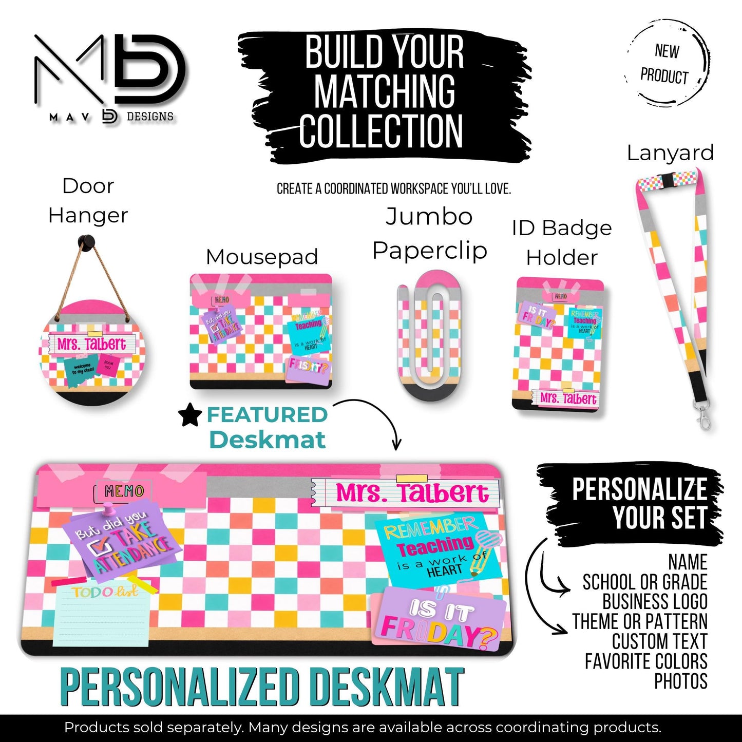 Personalized Deskmat | Bright Checkered Pencil Layers | Pink Post It Washi Tape | Sticky Notes | Custom Name