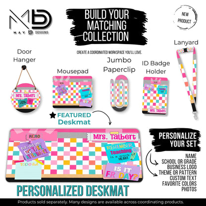 Personalized Deskmat | Bright Checkered Pencil Layers | Pink Post It Washi Tape | Sticky Notes | Custom Name