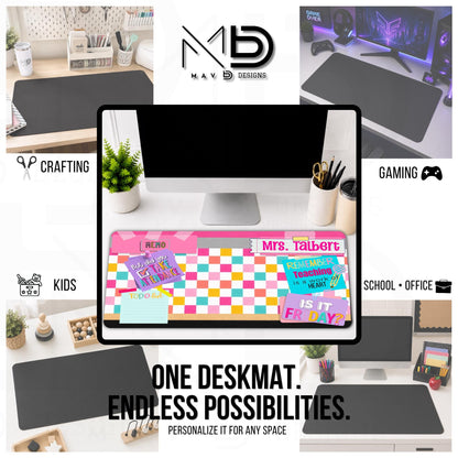 Personalized Deskmat | Bright Checkered Pencil Layers | Pink Post It Washi Tape | Sticky Notes | Custom Name