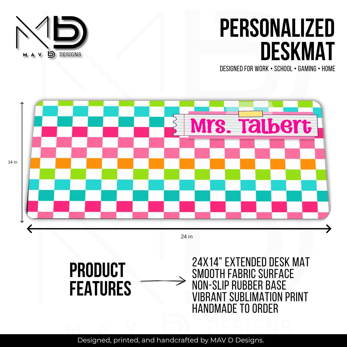 Personalized Deskmat | Bright Colorblock Checkered | Pink Post It Washi Tape | Custom Name