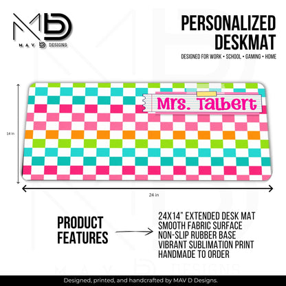 Personalized Deskmat | Bright Colorblock Checkered | Pink Post It Washi Tape | Custom Name