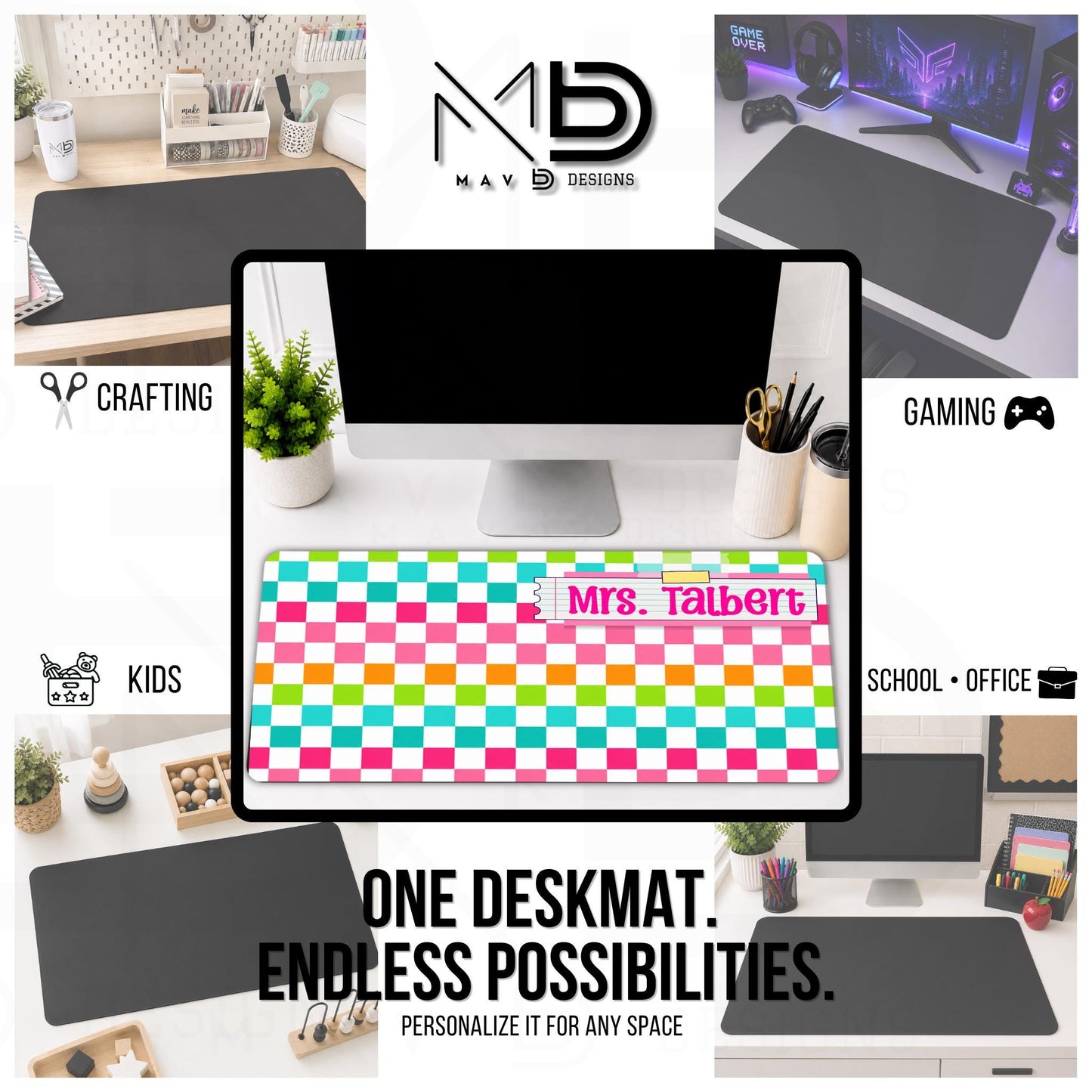 Personalized Deskmat | Bright Colorblock Checkered | Pink Post It Washi Tape | Custom Name