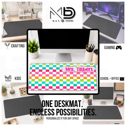 Personalized Deskmat | Bright Colorblock Checkered | Pink Post It Washi Tape | Custom Name