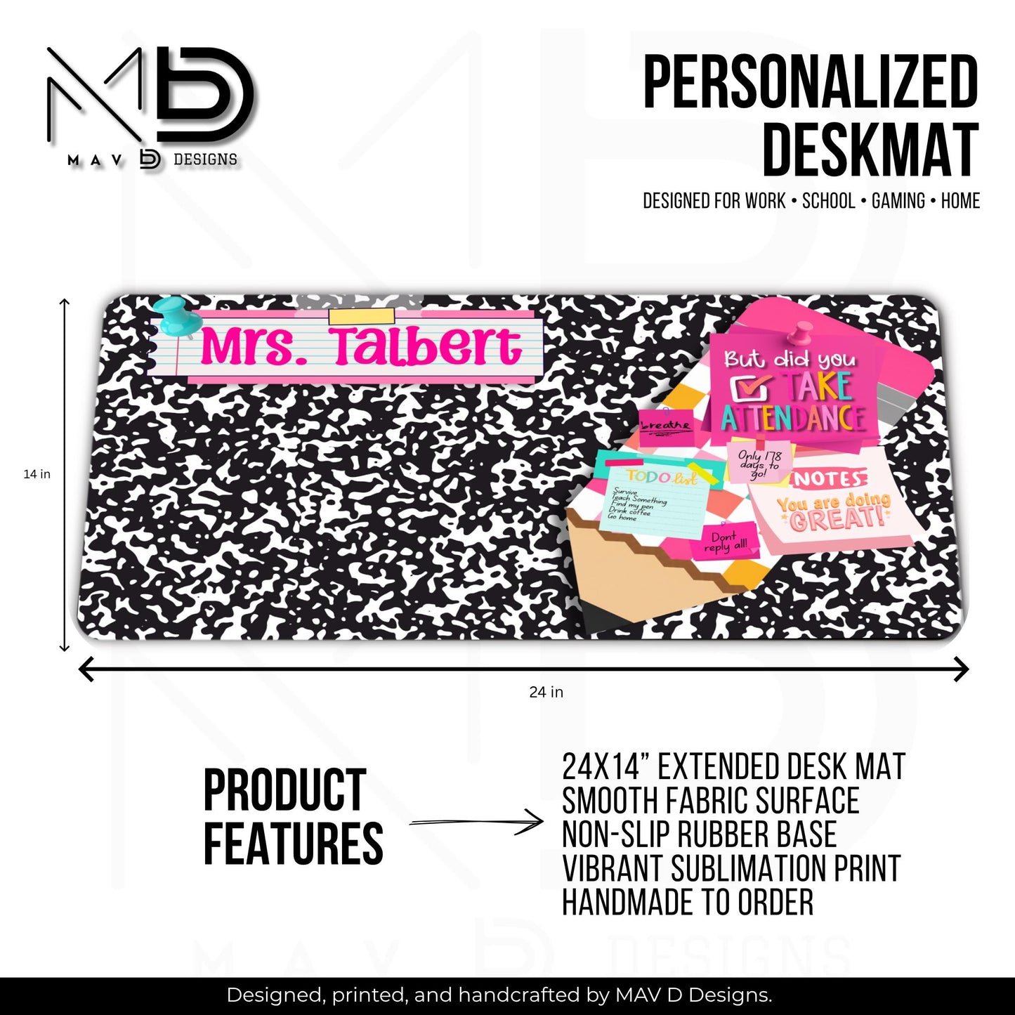 Personalized Deskmat | Black Composition | Jumbo Pencil Bulletin Board | Pink Post It Washi Tape | Sticky Notes | Custom Name