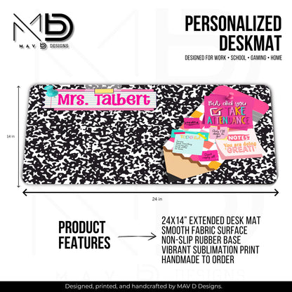 Personalized Deskmat | Black Composition | Jumbo Pencil Bulletin Board | Pink Post It Washi Tape | Sticky Notes | Custom Name