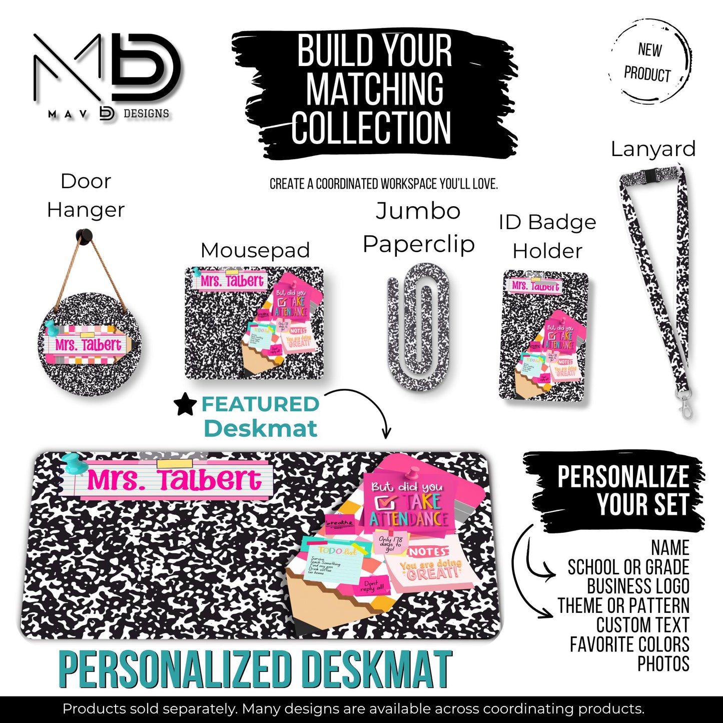 Personalized Deskmat | Black Composition | Jumbo Pencil Bulletin Board | Pink Post It Washi Tape | Sticky Notes | Custom Name