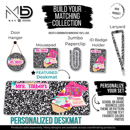 Personalized Deskmat | Black Composition | Jumbo Pencil Bulletin Board | Pink Post It Washi Tape | Sticky Notes | Custom Name