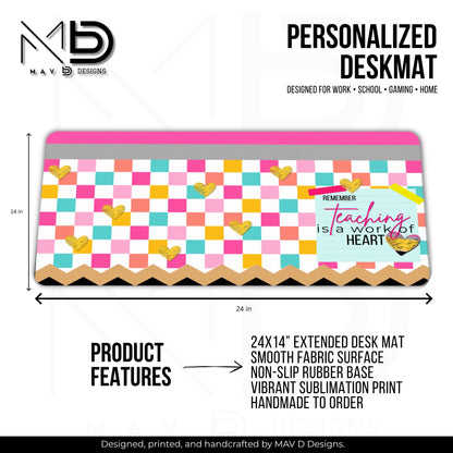 Personalized Deskmat | Bright Checkered Pencil Layers | Teaching Is A Work of Heart | Doodles Post It Notes