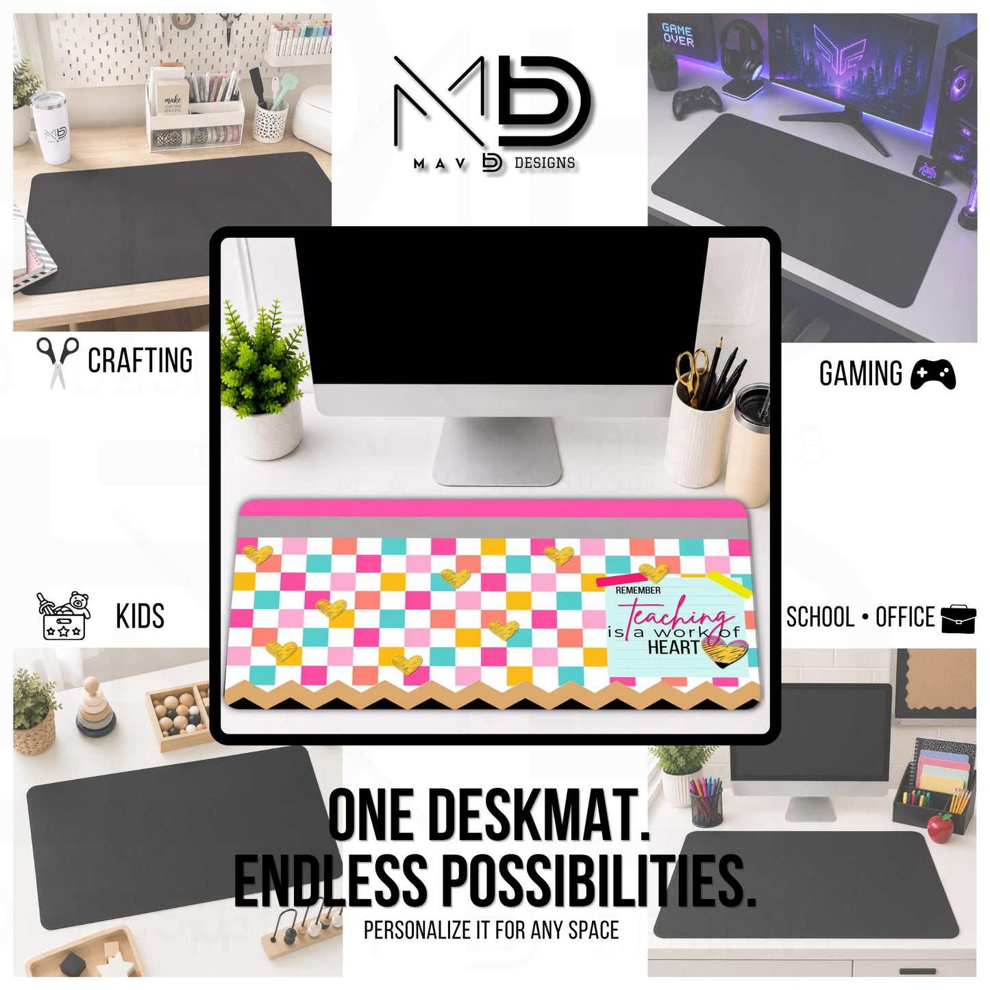 Personalized Deskmat | Bright Checkered Pencil Layers | Teaching Is A Work of Heart | Doodles Post It Notes