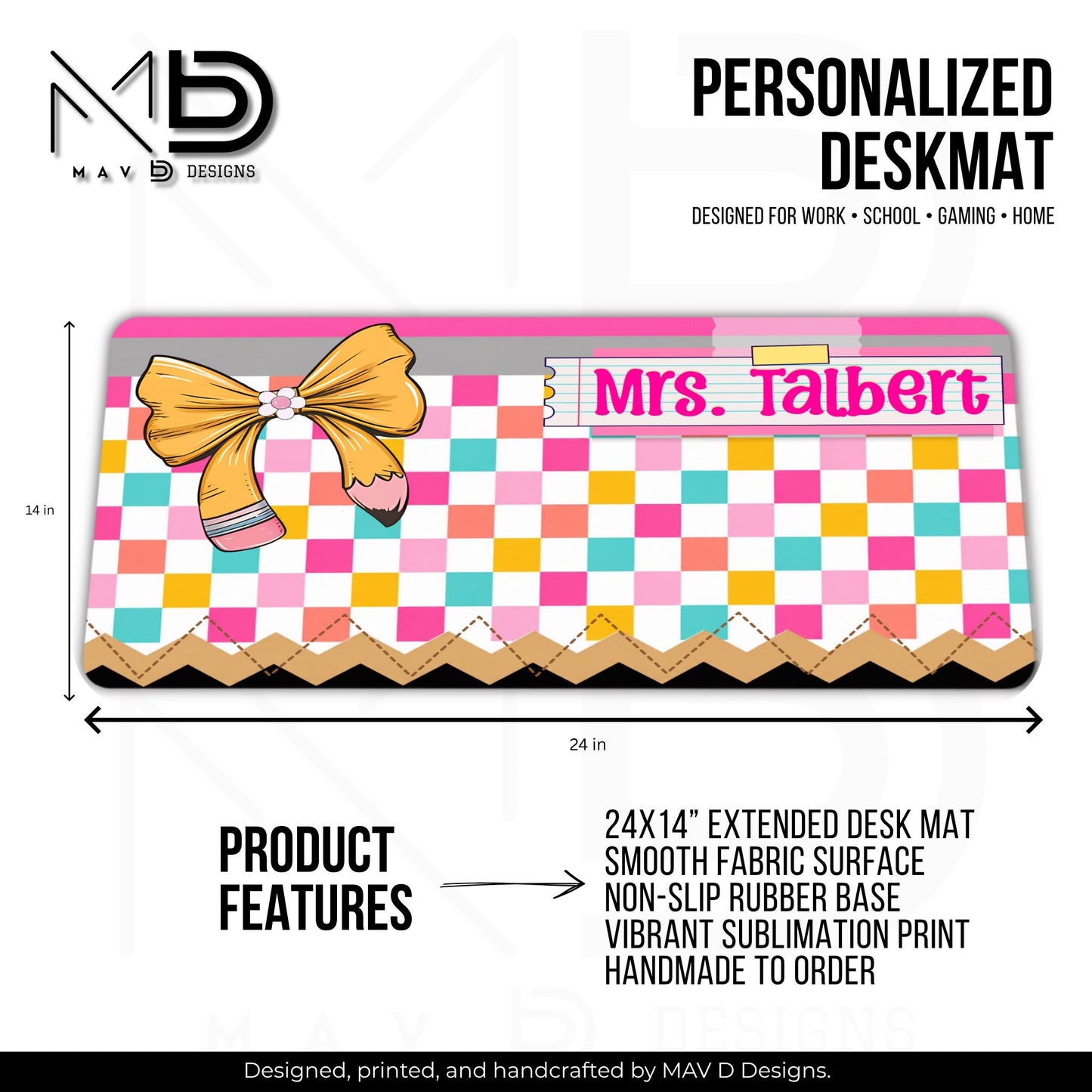 Personalized Deskmat | Bright Checkered Pencil Layers | Pink Post-it Notes Washi Tape | Pencil Bow