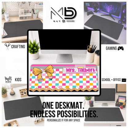 Personalized Deskmat | Bright Checkered Pencil Layers | Pink Post-it Notes Washi Tape | Pencil Bow