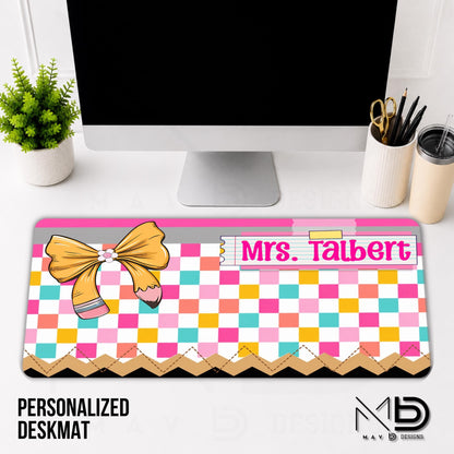 Personalized Deskmat | Bright Checkered Pencil Layers | Pink Post-it Notes Washi Tape | Pencil Bow