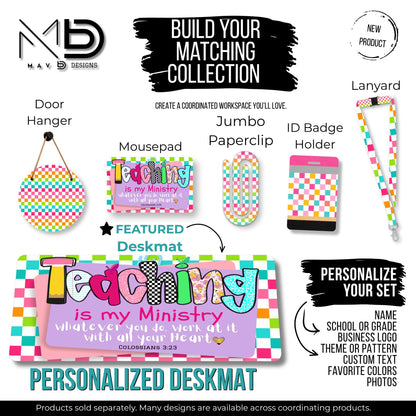 Personalized Deskmat | Bright Colorblock Checkered | Teaching Is My Ministry |