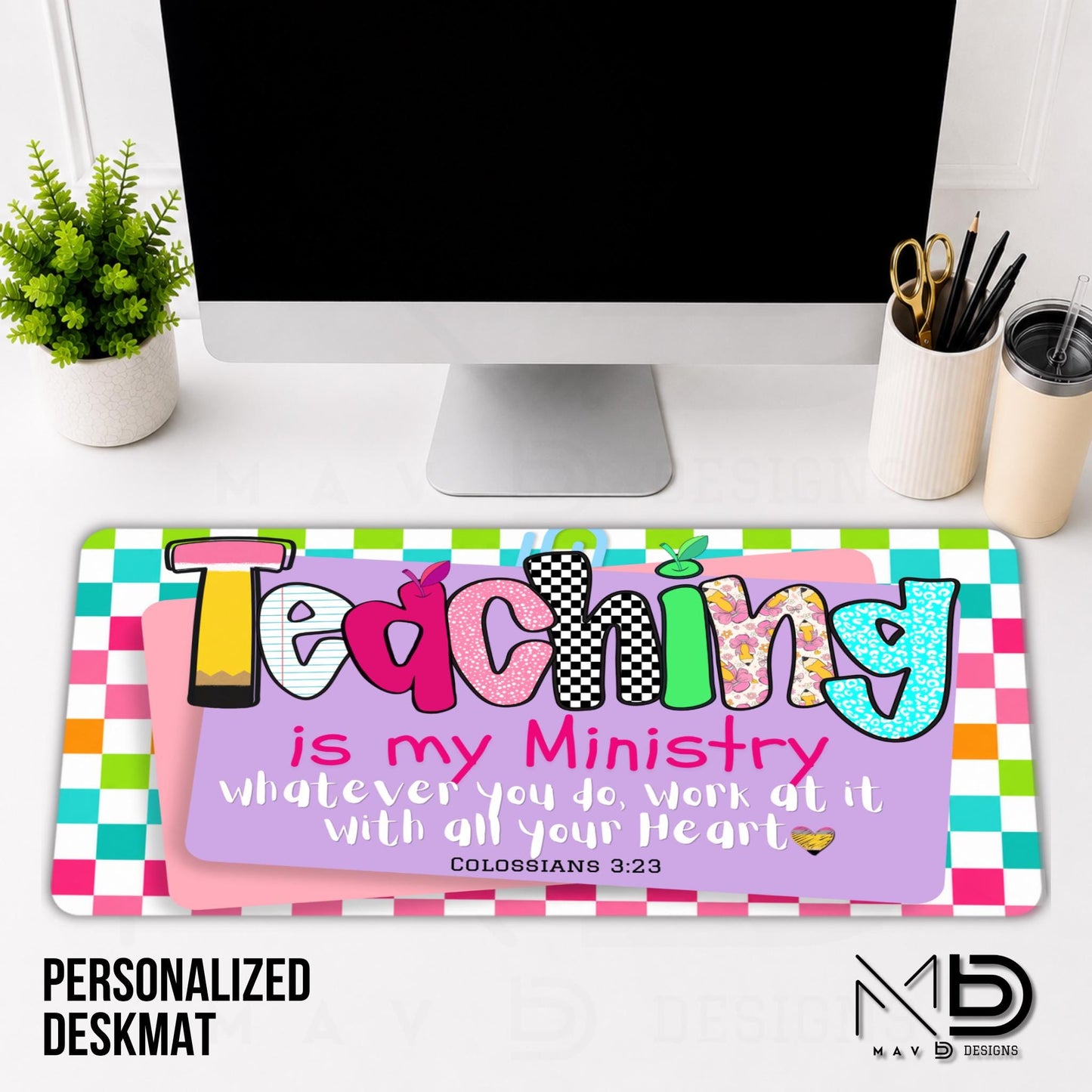 Personalized Deskmat | Bright Colorblock Checkered | Teaching Is My Ministry |