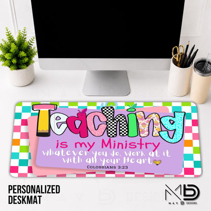 Personalized Deskmat | Bright Colorblock Checkered | Teaching Is My Ministry |