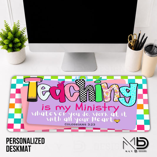 Personalized Deskmat | Bright Colorblock Checkered | Teaching Is My Ministry |