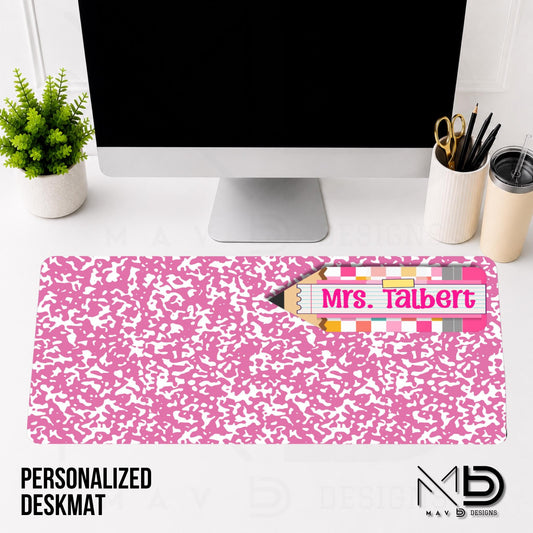 Personalized Deskmat | Pink Composition | Pink Post It Washi Tape Checkered Pencil Layer | Custom Name